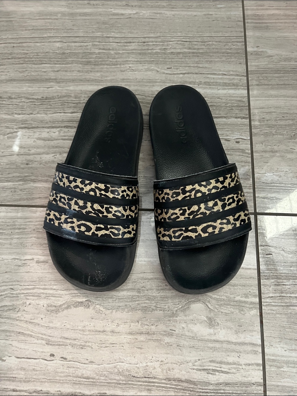 adidas Black Slide Sandals with Leopard-Print Straps